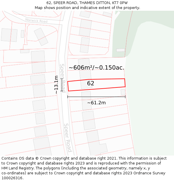 62, SPEER ROAD, THAMES DITTON, KT7 0PW: Plot and title map