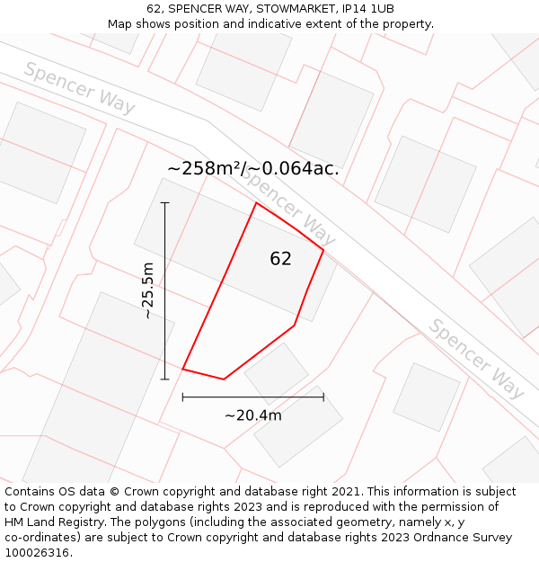 62, SPENCER WAY, STOWMARKET, IP14 1UB: Plot and title map