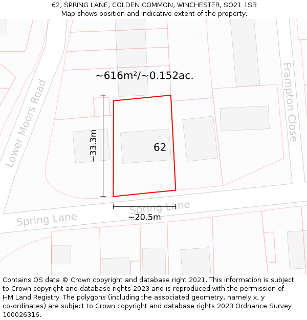 62, SPRING LANE, COLDEN COMMON, WINCHESTER, SO21 1SB: Plot and title map