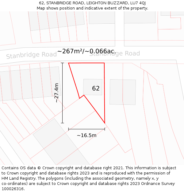 62, STANBRIDGE ROAD, LEIGHTON BUZZARD, LU7 4QJ: Plot and title map