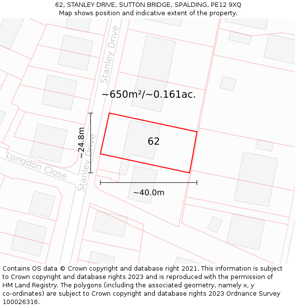 62, STANLEY DRIVE, SUTTON BRIDGE, SPALDING, PE12 9XQ: Plot and title map