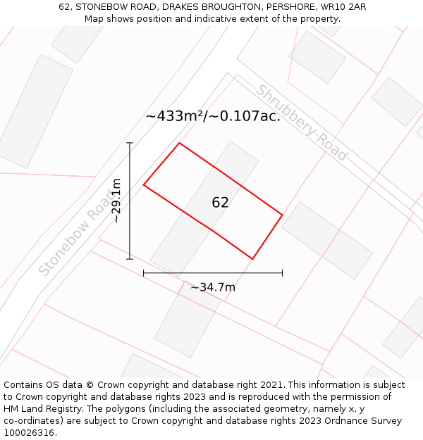 62, STONEBOW ROAD, DRAKES BROUGHTON, PERSHORE, WR10 2AR: Plot and title map