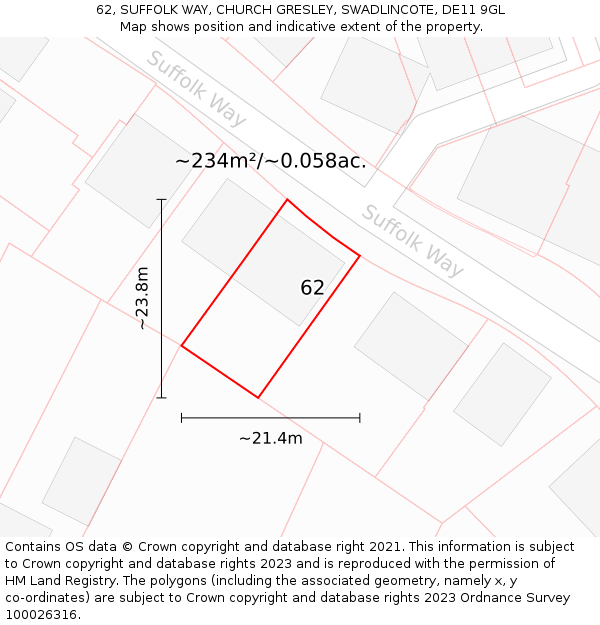 62, SUFFOLK WAY, CHURCH GRESLEY, SWADLINCOTE, DE11 9GL: Plot and title map