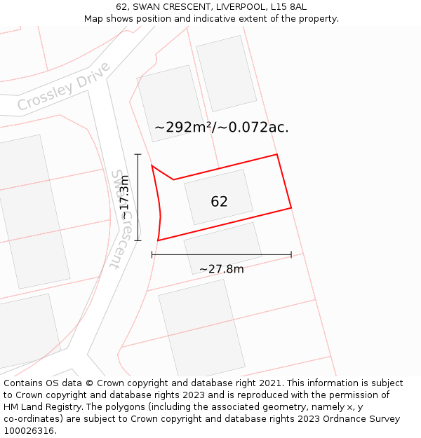 62, SWAN CRESCENT, LIVERPOOL, L15 8AL: Plot and title map