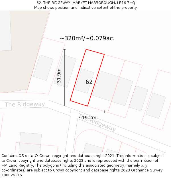 62, THE RIDGEWAY, MARKET HARBOROUGH, LE16 7HQ: Plot and title map