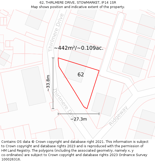 62, THIRLMERE DRIVE, STOWMARKET, IP14 1SR: Plot and title map