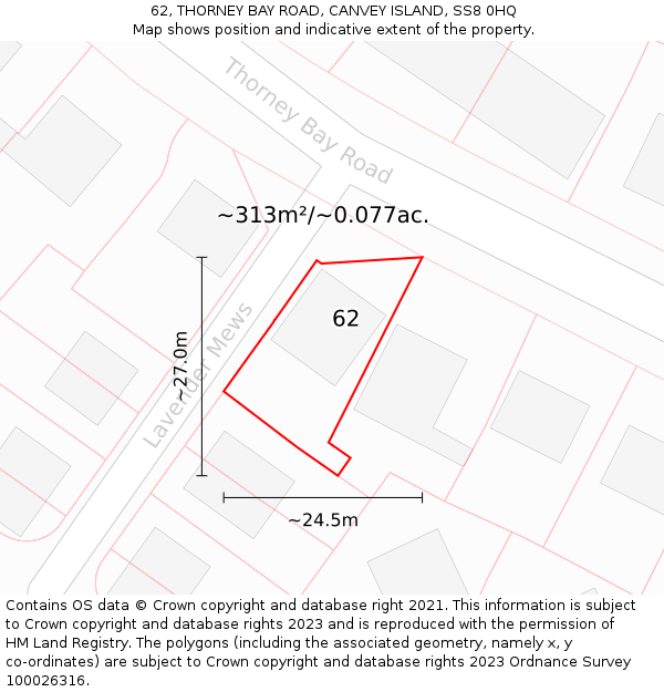 62, THORNEY BAY ROAD, CANVEY ISLAND, SS8 0HQ: Plot and title map