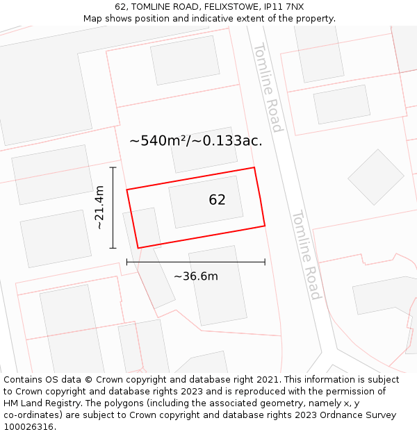 62, TOMLINE ROAD, FELIXSTOWE, IP11 7NX: Plot and title map