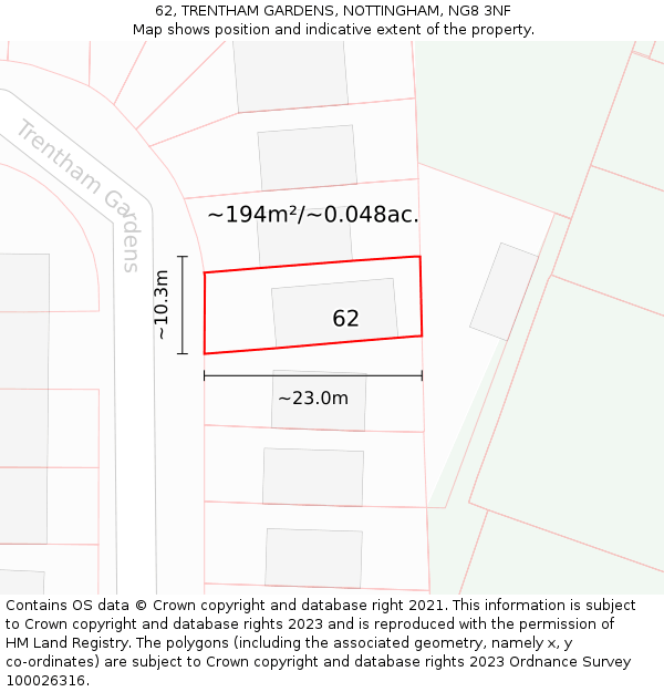 62, TRENTHAM GARDENS, NOTTINGHAM, NG8 3NF: Plot and title map