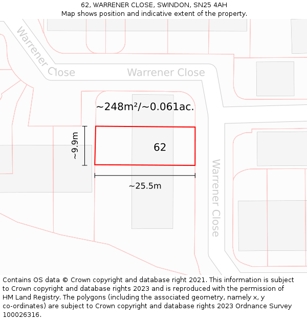 62, WARRENER CLOSE, SWINDON, SN25 4AH: Plot and title map