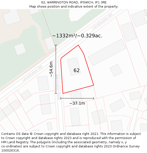 62, WARRINGTON ROAD, IPSWICH, IP1 3RE: Plot and title map