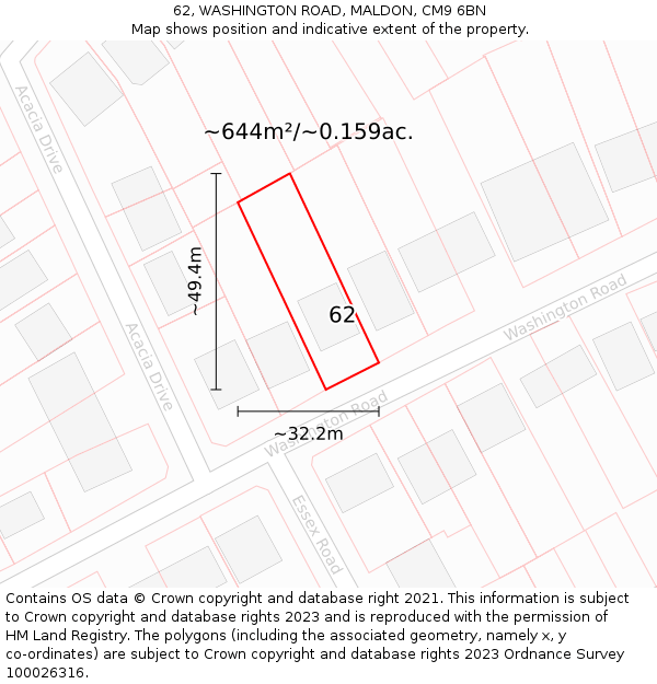 62, WASHINGTON ROAD, MALDON, CM9 6BN: Plot and title map