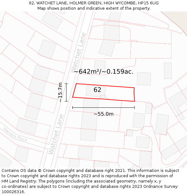 62, WATCHET LANE, HOLMER GREEN, HIGH WYCOMBE, HP15 6UG: Plot and title map