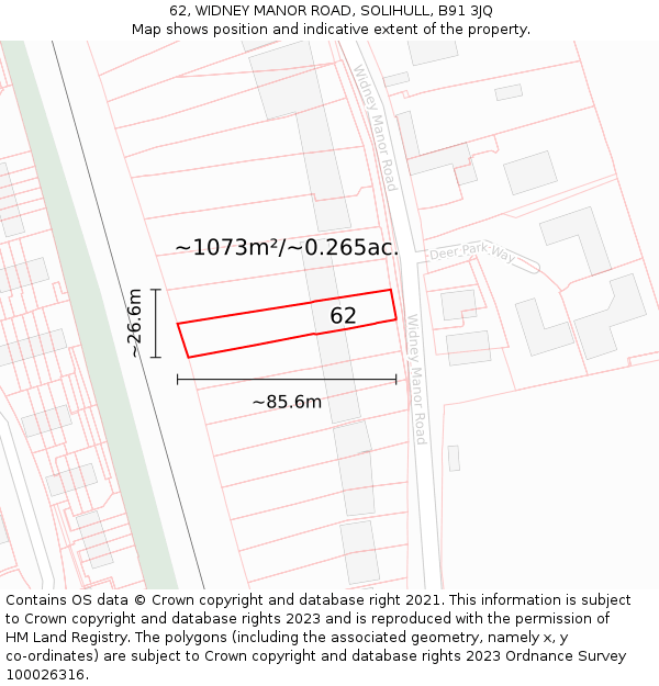 62, WIDNEY MANOR ROAD, SOLIHULL, B91 3JQ: Plot and title map