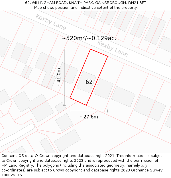 62, WILLINGHAM ROAD, KNAITH PARK, GAINSBOROUGH, DN21 5ET: Plot and title map