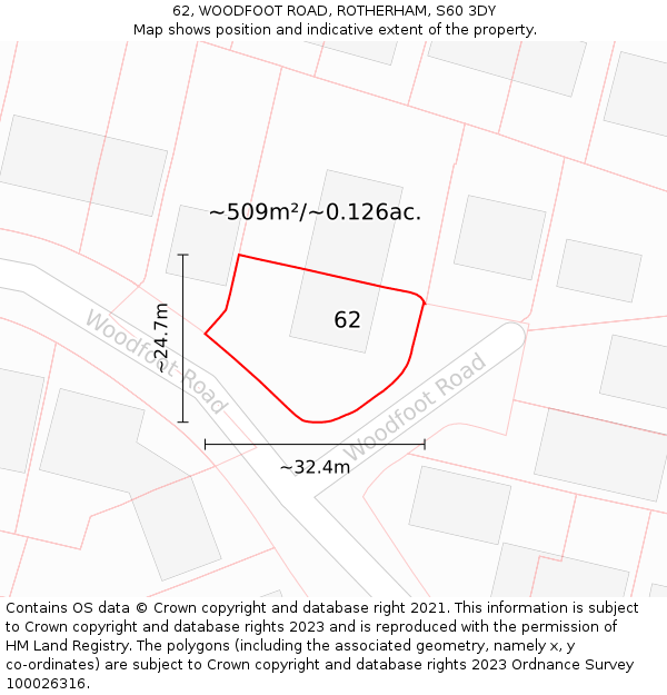 62, WOODFOOT ROAD, ROTHERHAM, S60 3DY: Plot and title map