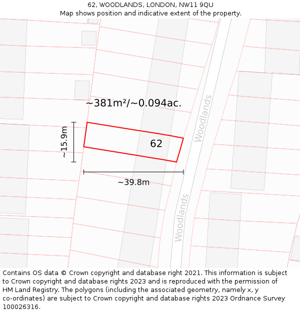 62, WOODLANDS, LONDON, NW11 9QU: Plot and title map