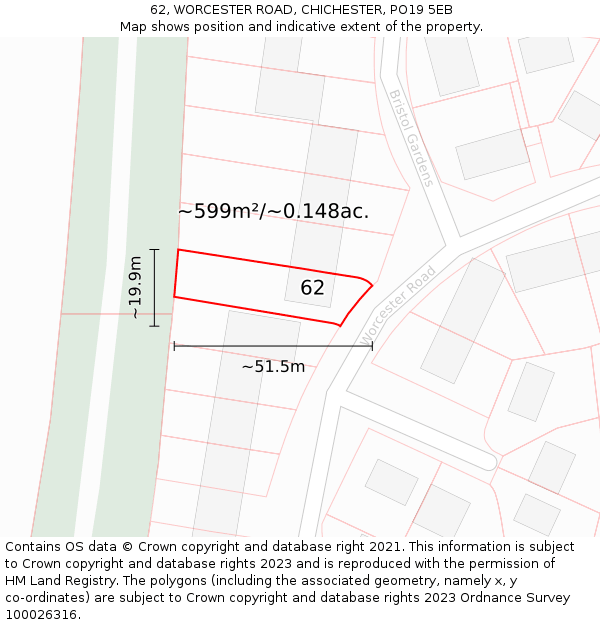62, WORCESTER ROAD, CHICHESTER, PO19 5EB: Plot and title map