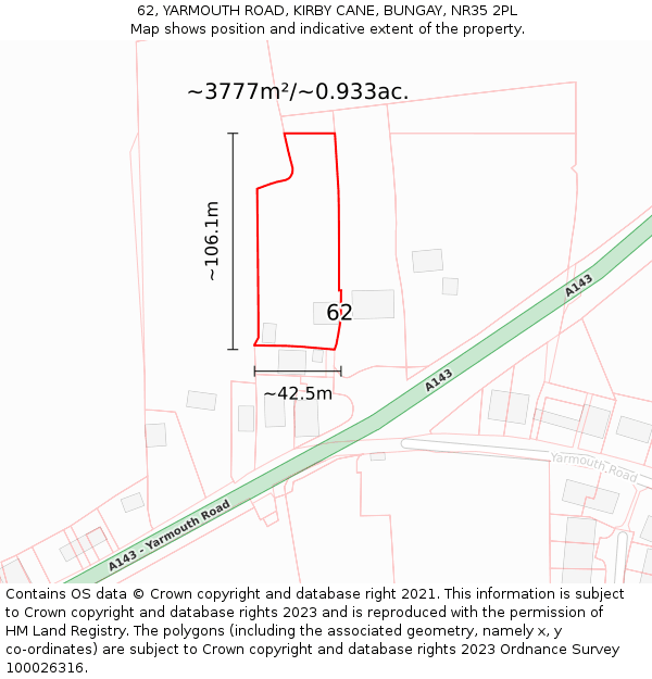 62, YARMOUTH ROAD, KIRBY CANE, BUNGAY, NR35 2PL: Plot and title map