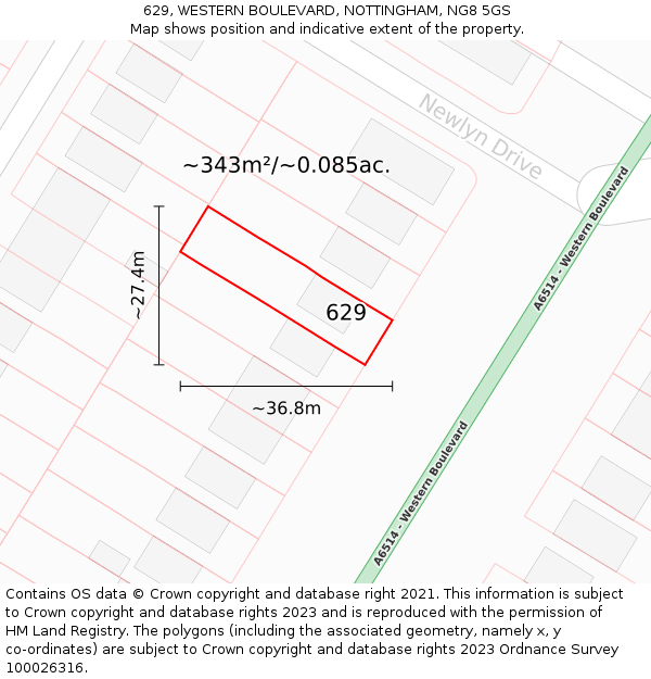 629, WESTERN BOULEVARD, NOTTINGHAM, NG8 5GS: Plot and title map