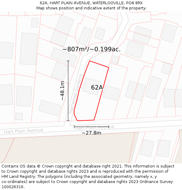 62A, HART PLAIN AVENUE, WATERLOOVILLE, PO8 8RX: Plot and title map