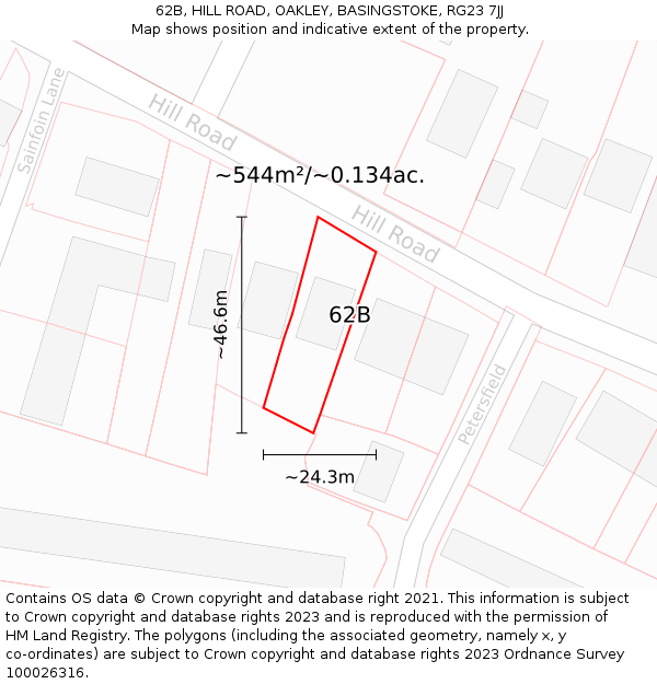 62B, HILL ROAD, OAKLEY, BASINGSTOKE, RG23 7JJ: Plot and title map