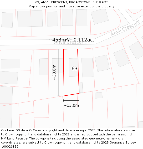 63, ANVIL CRESCENT, BROADSTONE, BH18 9DZ: Plot and title map