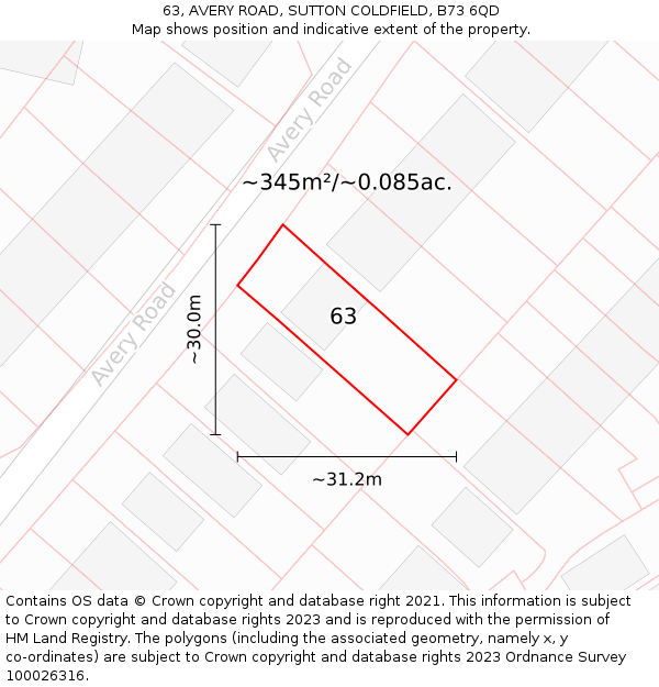 63, AVERY ROAD, SUTTON COLDFIELD, B73 6QD: Plot and title map