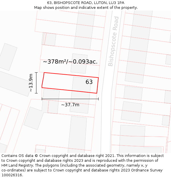63, BISHOPSCOTE ROAD, LUTON, LU3 1PA: Plot and title map