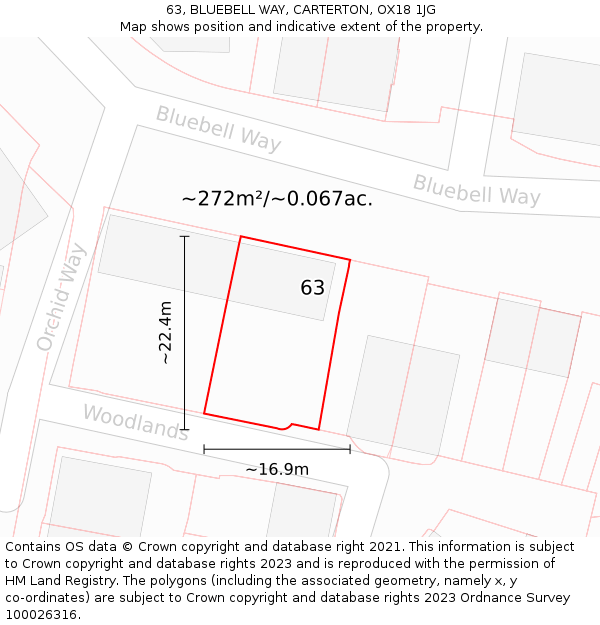 63, BLUEBELL WAY, CARTERTON, OX18 1JG: Plot and title map