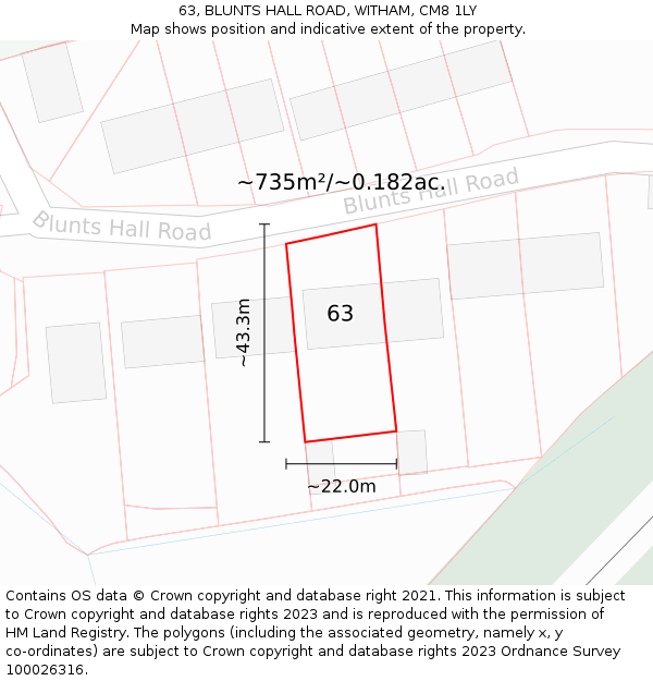 63, BLUNTS HALL ROAD, WITHAM, CM8 1LY: Plot and title map