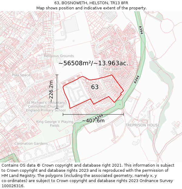 63, BOSNOWETH, HELSTON, TR13 8FR: Plot and title map