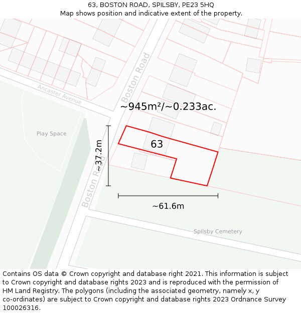 63, BOSTON ROAD, SPILSBY, PE23 5HQ: Plot and title map