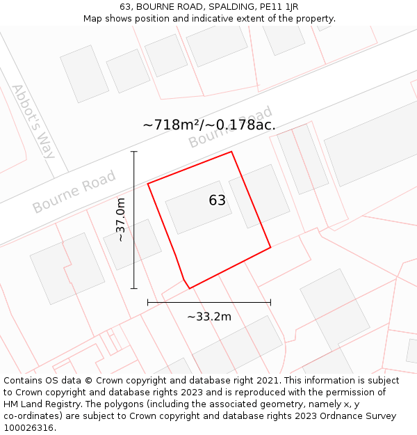 63, BOURNE ROAD, SPALDING, PE11 1JR: Plot and title map