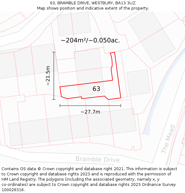 63, BRAMBLE DRIVE, WESTBURY, BA13 3UZ: Plot and title map