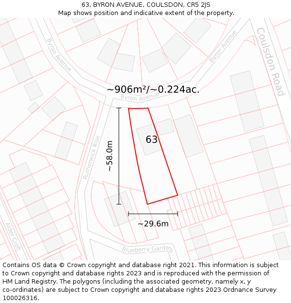 63, BYRON AVENUE, COULSDON, CR5 2JS: Plot and title map