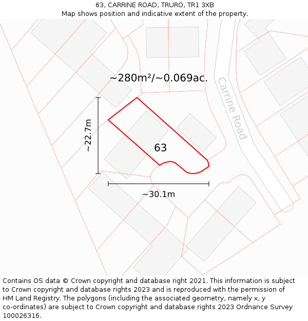 63, CARRINE ROAD, TRURO, TR1 3XB: Plot and title map