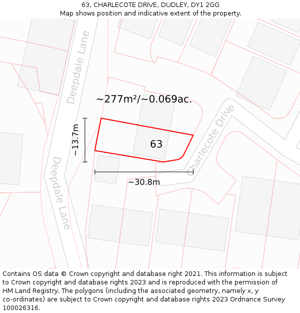 63, CHARLECOTE DRIVE, DUDLEY, DY1 2GG: Plot and title map