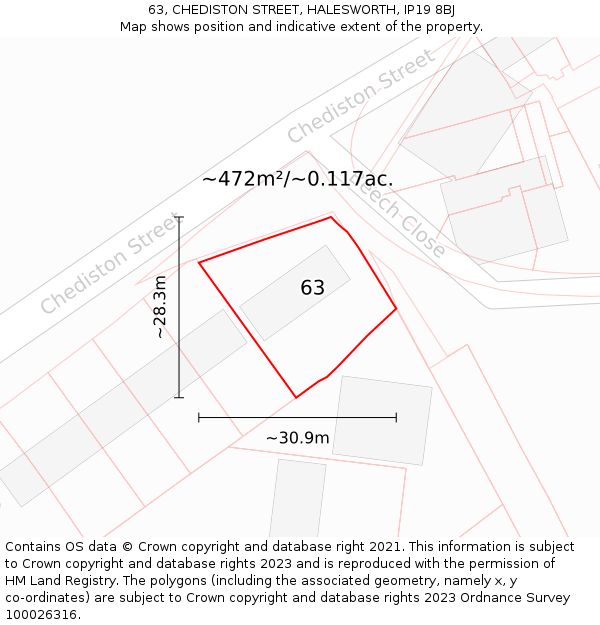 63, CHEDISTON STREET, HALESWORTH, IP19 8BJ: Plot and title map