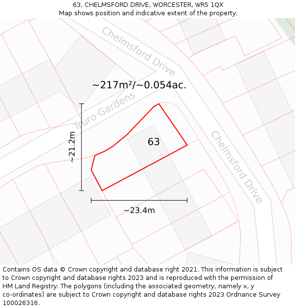 63, CHELMSFORD DRIVE, WORCESTER, WR5 1QX: Plot and title map