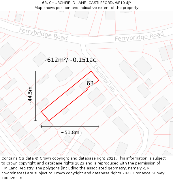 63, CHURCHFIELD LANE, CASTLEFORD, WF10 4JY: Plot and title map