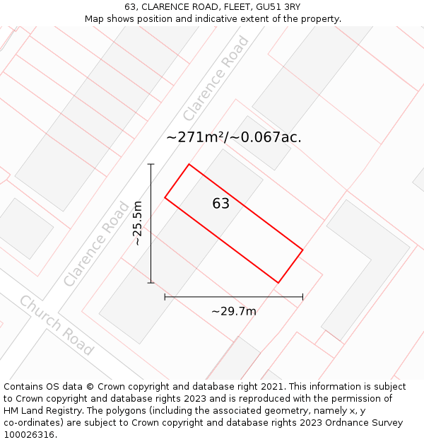 63, CLARENCE ROAD, FLEET, GU51 3RY: Plot and title map