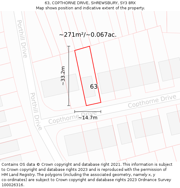 63, COPTHORNE DRIVE, SHREWSBURY, SY3 8RX: Plot and title map