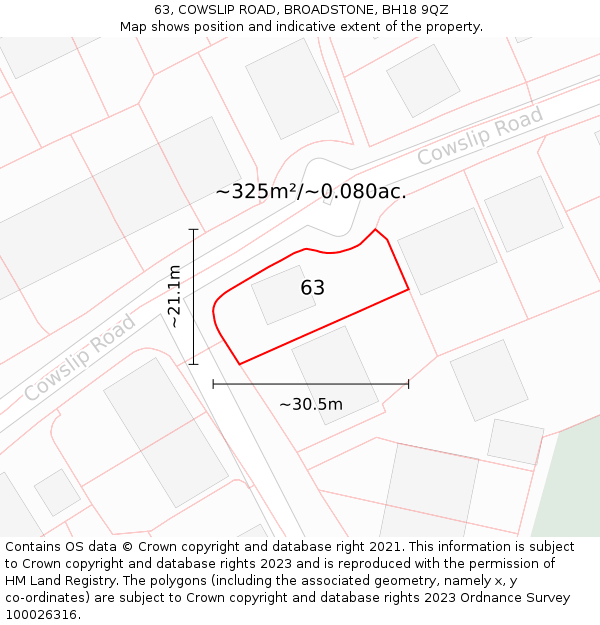 63, COWSLIP ROAD, BROADSTONE, BH18 9QZ: Plot and title map