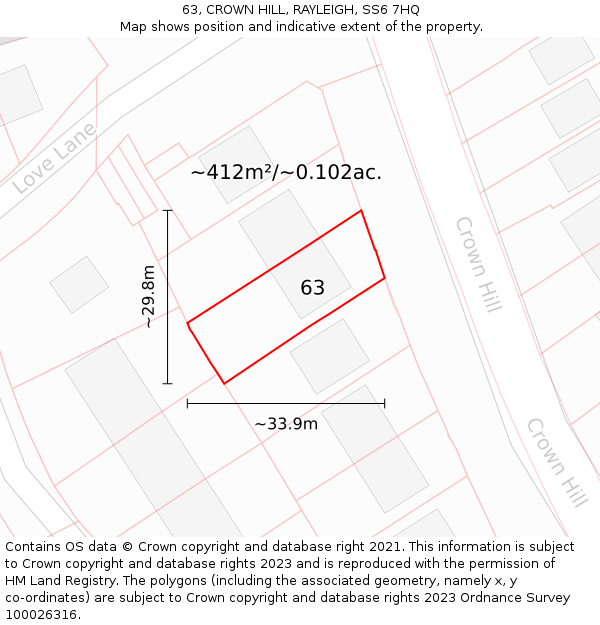 63, CROWN HILL, RAYLEIGH, SS6 7HQ: Plot and title map