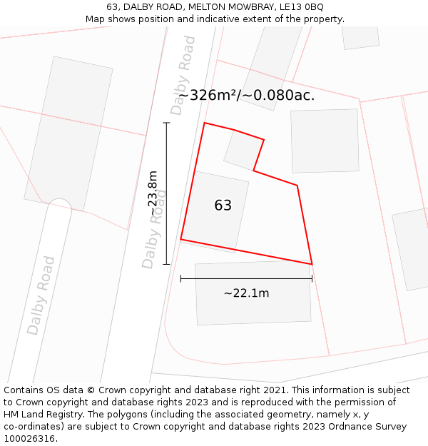 63, DALBY ROAD, MELTON MOWBRAY, LE13 0BQ: Plot and title map