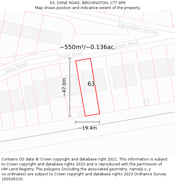 63, DANE ROAD, BIRCHINGTON, CT7 9PR: Plot and title map