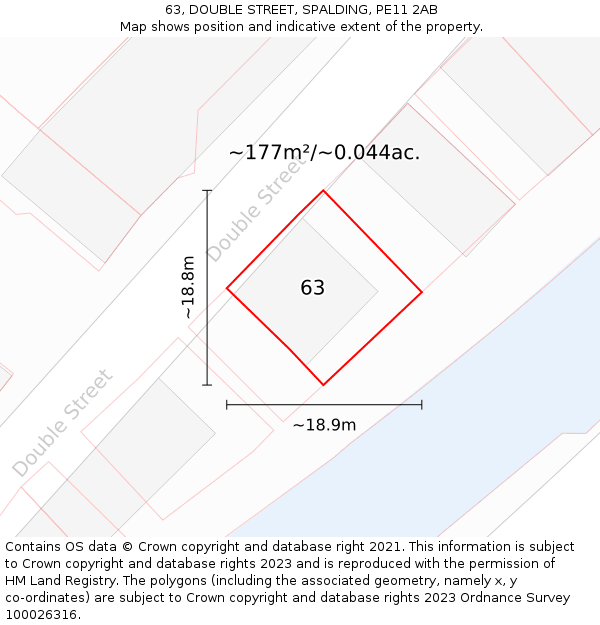 63, DOUBLE STREET, SPALDING, PE11 2AB: Plot and title map