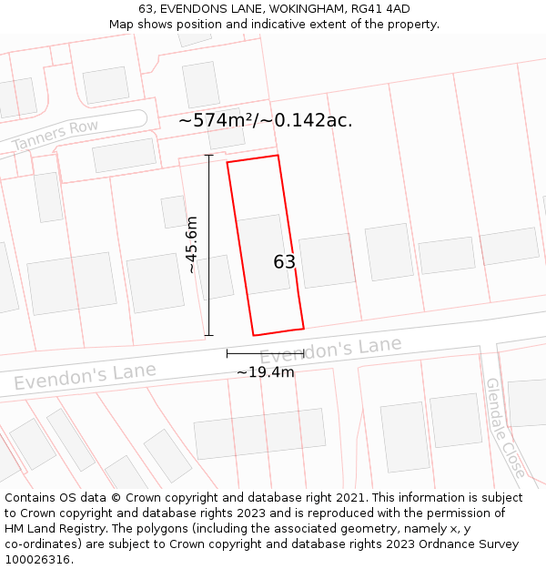 63, EVENDONS LANE, WOKINGHAM, RG41 4AD: Plot and title map