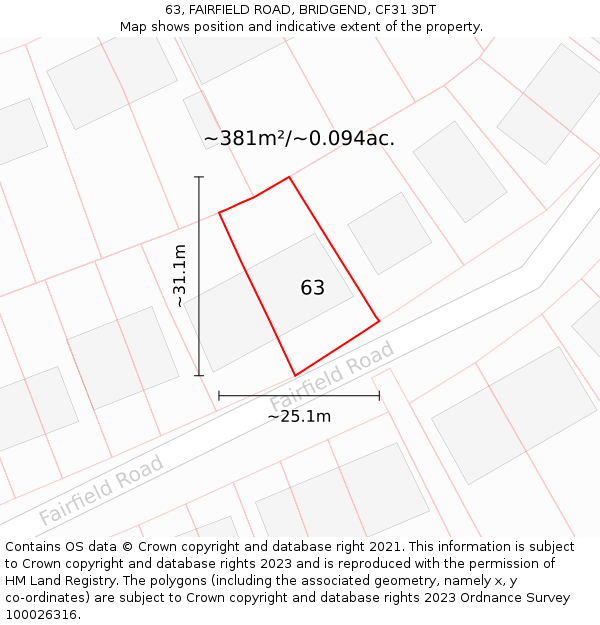 63, FAIRFIELD ROAD, BRIDGEND, CF31 3DT: Plot and title map